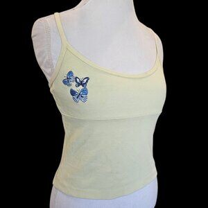 VTG Y2K Energie Light Yellow Babydoll Tank Embroidered Butterfly Cropped Sz M